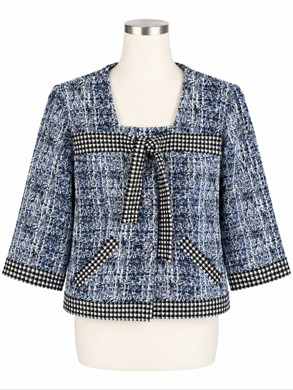 Cabi Reina Jacket M Blue Tweed Blazer 21 Club Houndstooth Bow Tie #5294 Career